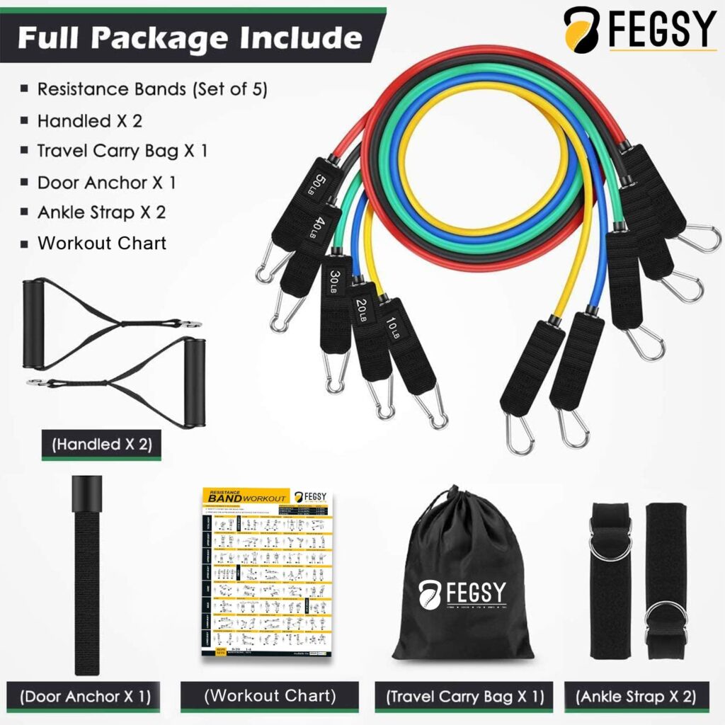 FEGSY Resistance Bands Set for Exercise, Stretching, and Workout Toning Tube Kit with Foam Handles, Door Anchor, Ankle Strap, and Carrying Bag for Men, Women