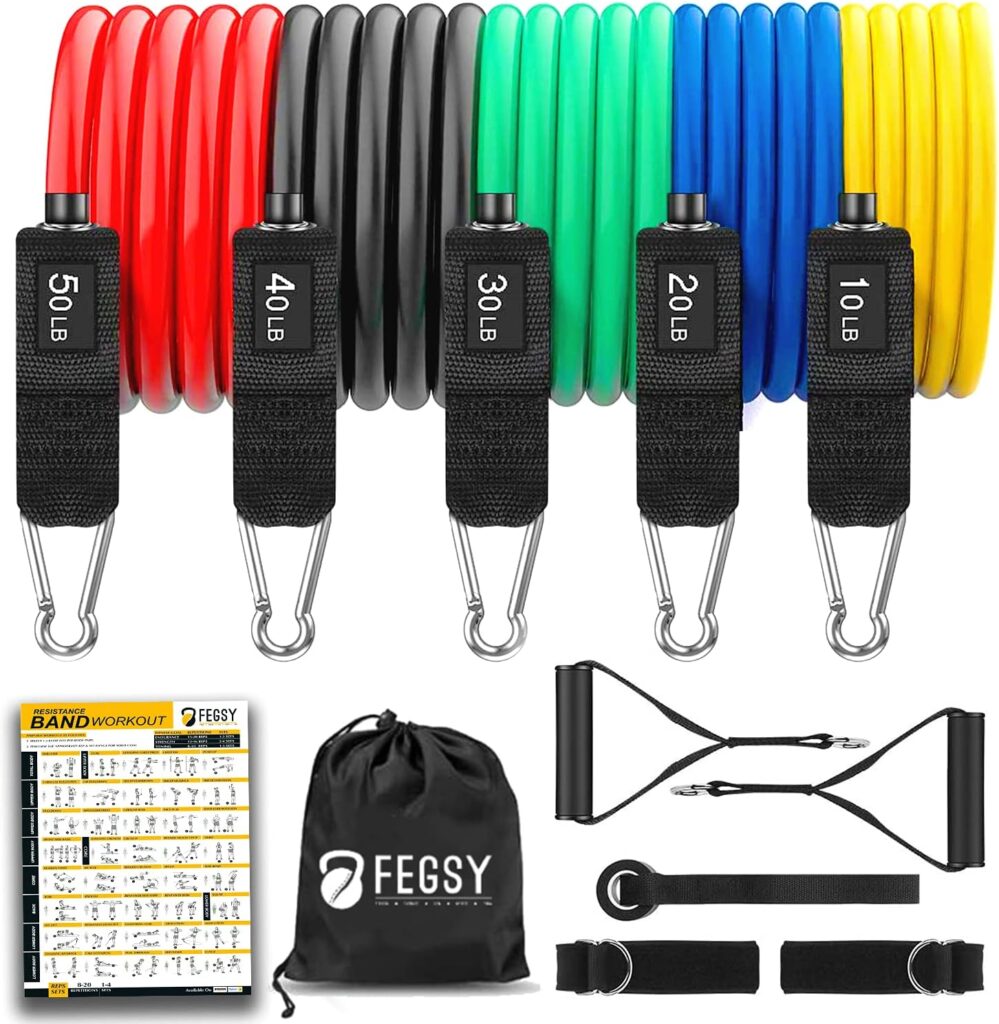 FEGSY Resistance Bands Set for Exercise, Stretching, and Workout Toning Tube Kit with Foam Handles, Door Anchor, Ankle Strap, and Carrying Bag for Men, Women