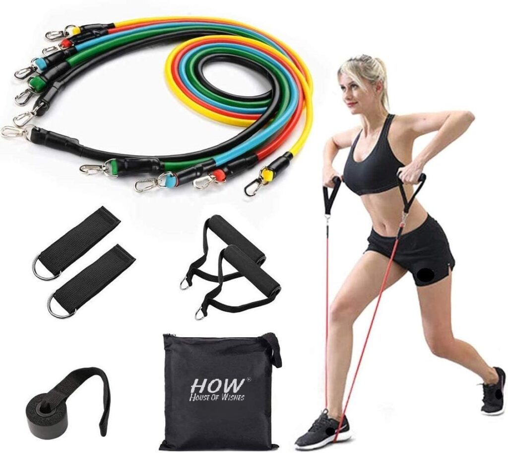 HOW (HOUSE OF WISHES) with Device Elastic Exercise Bands Sets Portable Workout Cable Stackable Up to 100 Lbs 5 Exercises Cords with Handles, Door Anchor, Ankle Straps (Material: Synthetic Rubber) HOW (HOUSE OF WISHES) with Device Elastic Exercise Bands Sets Portable Workout Cable Stackable Up to 100 Lbs 5 Exercises Cords with Handles, Door Anchor, Ankle Straps (Material: Synthetic Rubber)