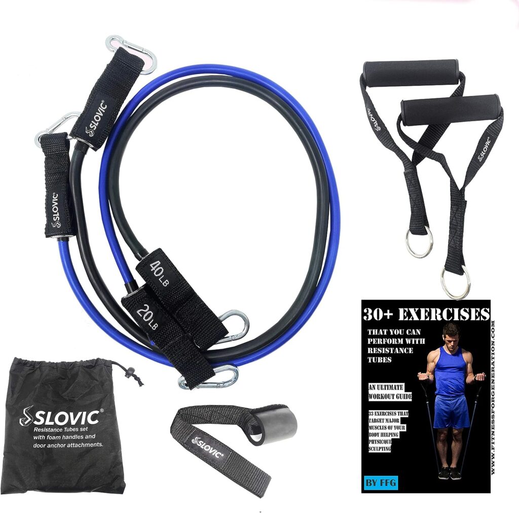 Resistance Tube by SLOVIC (1 Year Warranty) with 30+ Exercise Guide  Foam Handle, Suitable for Home and Gym for Men and Women, Multipurpose Resistance Tube Band (Black 20kg + Blue 10kg= 30kg) Resistance Tube by SLOVIC (1 Year Warranty) with 30+ Exercise Guide  Foam Handle, Suitable for Home and Gym for Men and Women, Multipurpose Resistance Tube Band (Black 20kg + Blue 10kg= 30kg)