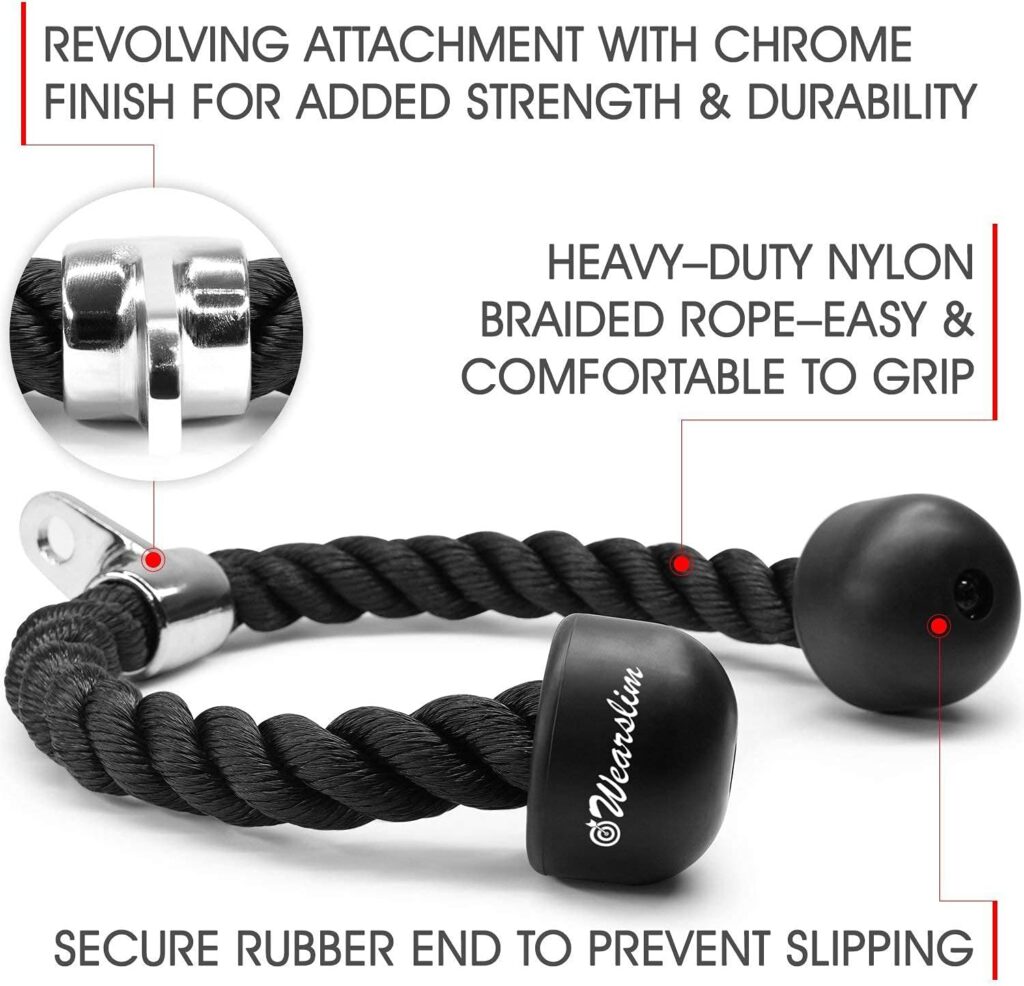 Wearslim® Professional Tricep Rope Pull Down Fitness Cable Attachment with Stainless Steel Snap Hook- Lats, Biceps, Triceps, Gym or Home - 27 inch Tricep Rope - Black